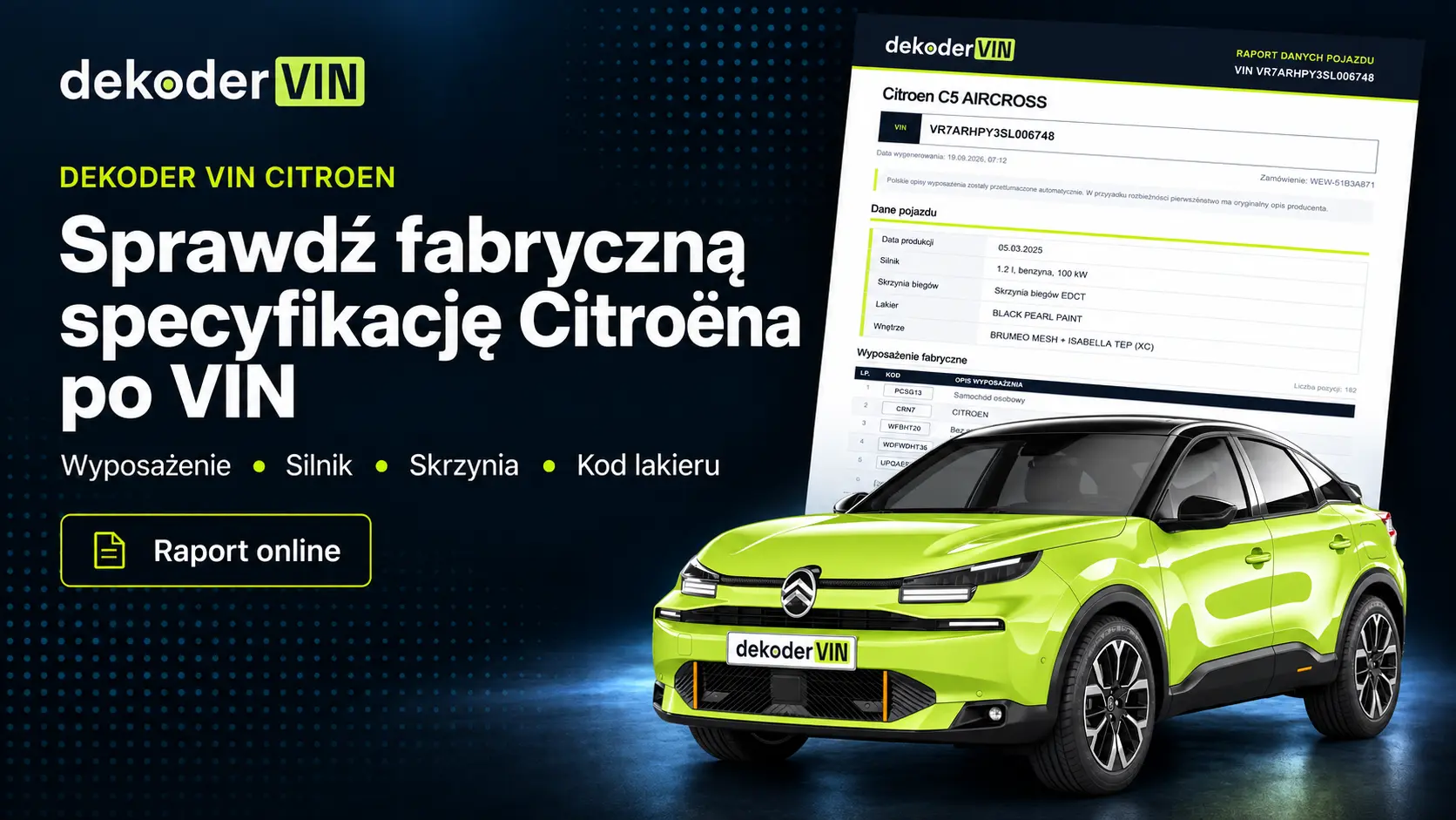 Dekoder VIN Citroen z przykładowym raportem specyfikacji pojazdu