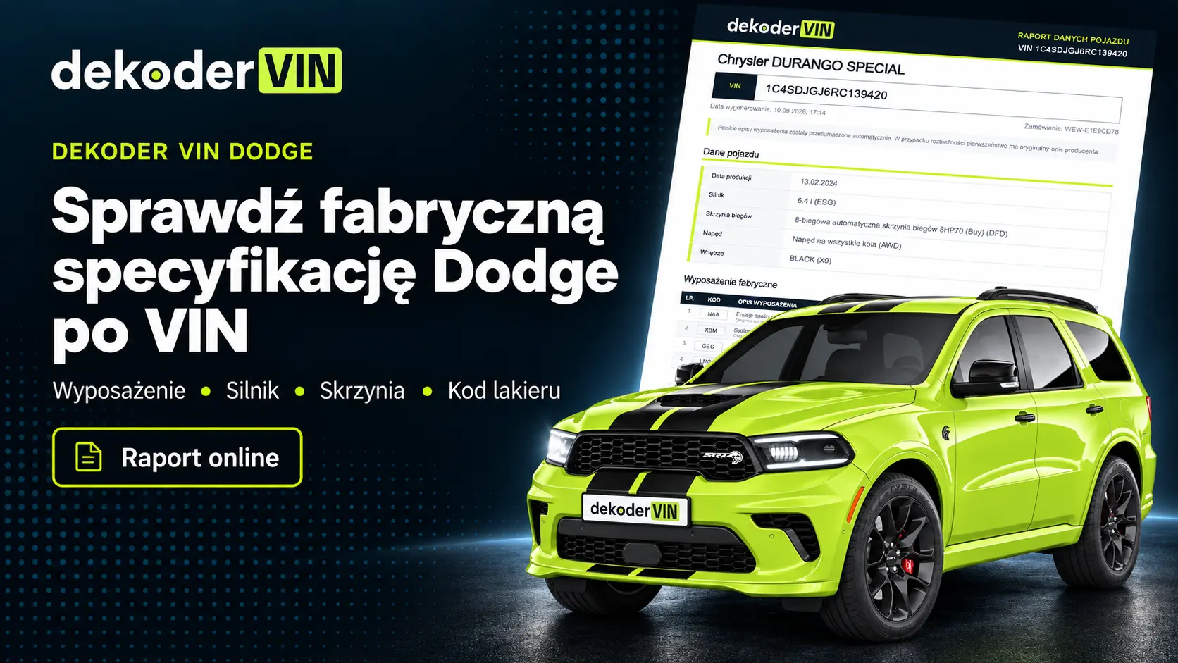 Dekoder VIN Dodge z przykładowym raportem specyfikacji pojazdu