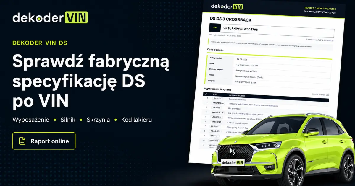Dekoder VIN DS z przykładowym raportem specyfikacji pojazdu