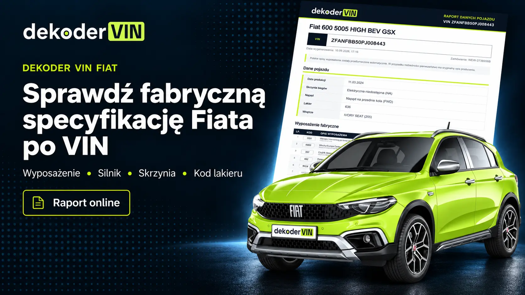 Dekoder VIN Fiat z przykładowym raportem specyfikacji pojazdu