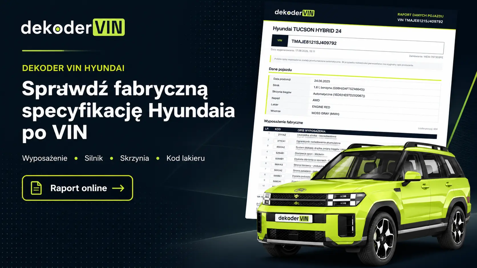 Dekoder VIN Hyundai z przykładowym raportem specyfikacji pojazdu
