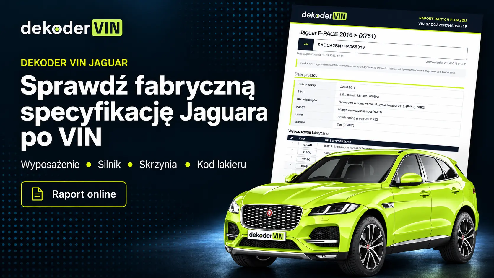 Dekoder VIN Jaguar z przykładowym raportem specyfikacji pojazdu