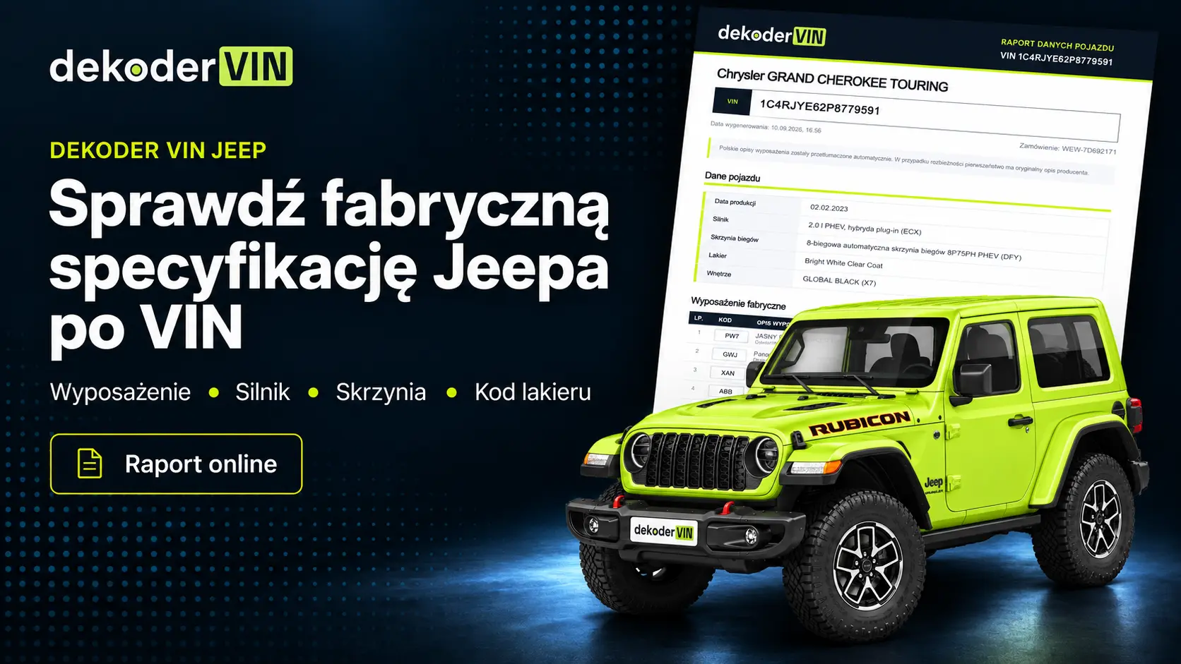 Dekoder VIN Jeep z przykładowym raportem specyfikacji pojazdu