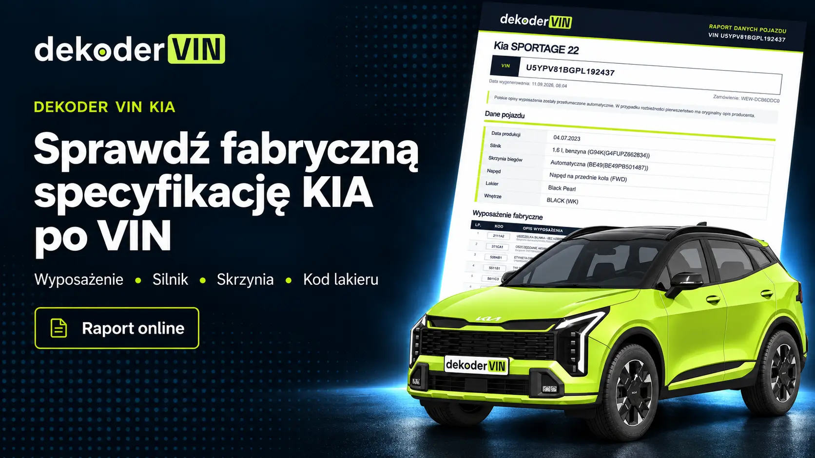 Dekoder VIN KIA z przykładowym raportem specyfikacji pojazdu