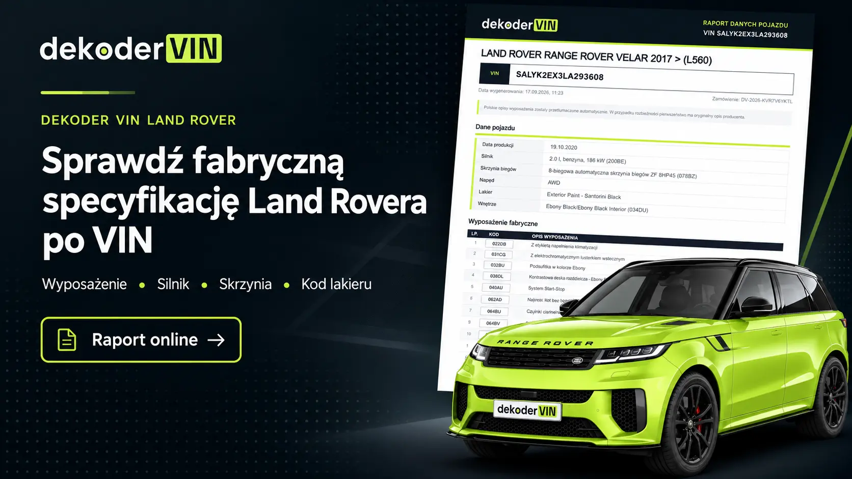 Dekoder VIN Land Rover z przykładowym raportem specyfikacji pojazdu