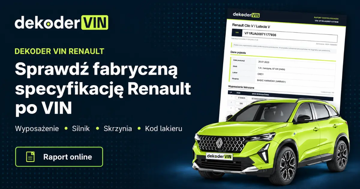 Dekoder VIN Renault z przykładowym raportem specyfikacji pojazdu